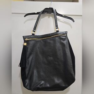 Margot Black Leather Tote Bag With gold Trim And tassel., 16 X16x5